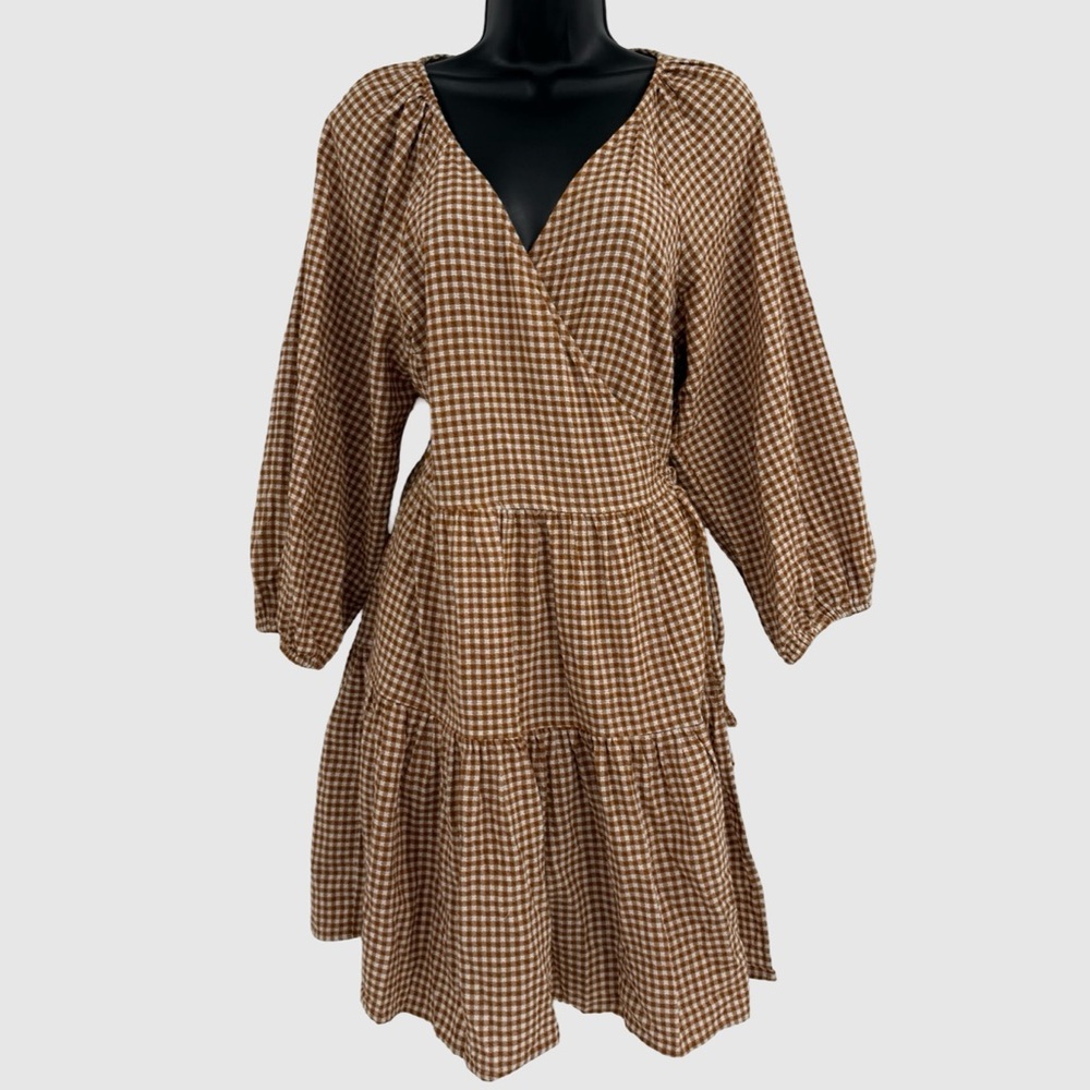 Madewell Gingham Puff-Sleeve Wrap Dress in Golden Pecan | Size Medium - Picture 3 of 6